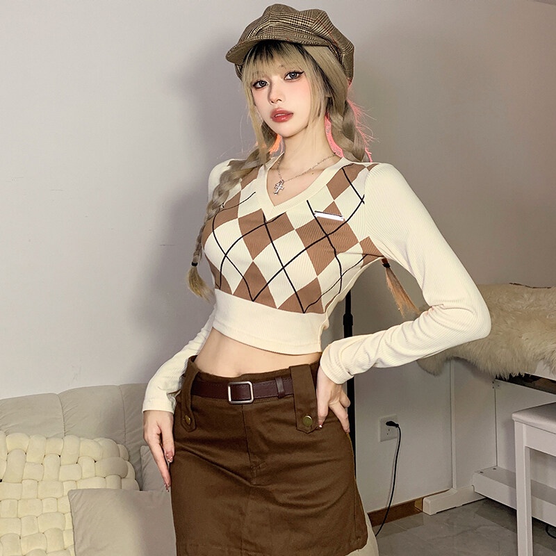 Kliou 2023 Mới Áo thun crop top Kliou tay dài cổ chữ V in họa tiết caro phong cách Hàn Quốc ngọt ngào thời trang 2022 mới cho nữ