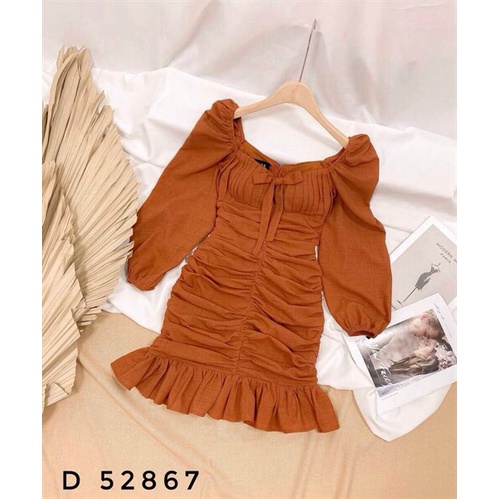 [11.11 Sale Freeship] Đầm tay dài bồng nhún ngực sexy phối bèo đuôi cá,đầm ôm body cột nơ ngực tông dáng quyến rũ mtb