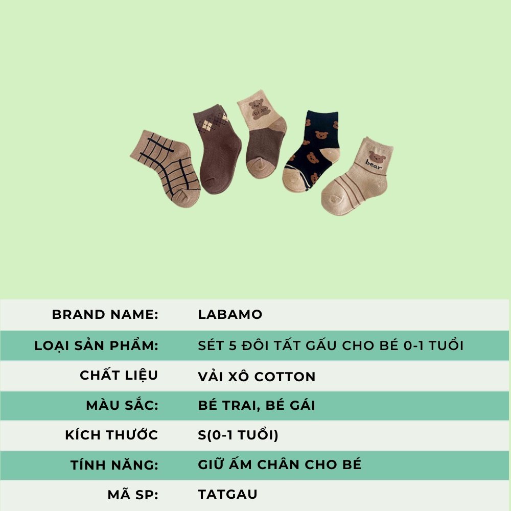 Sét 5 đôi tất cao cổ chất liệu cotton cho bé trai bé gái từ 0 - 8 tuổi họa tiết hình gấu Hàn Quốc