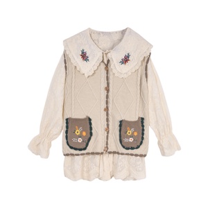 Áo khoác gile len nữ kiểu thêu hoa vintage, gile len nữ phối sơ mi form rộng cổ thêu 2700