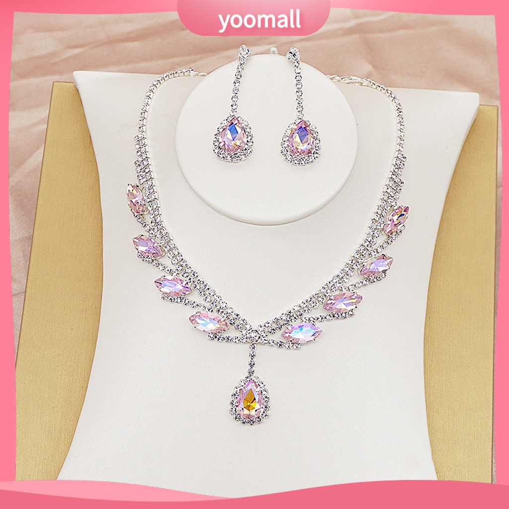 Yoomall| 1 Bộ Vòng cổ Và Bông Tai Mạ Điện Hình Giọt Nước Đính Đá Lấp Lánh Cho Cô Dâu