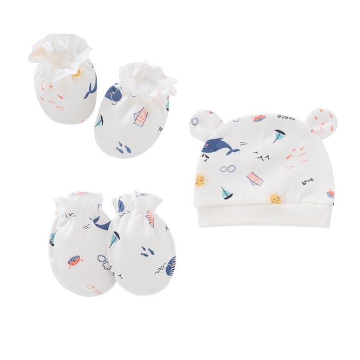 Set mũ bao tay bao chân sơ sinh cotton, set nón bao tay bao chân