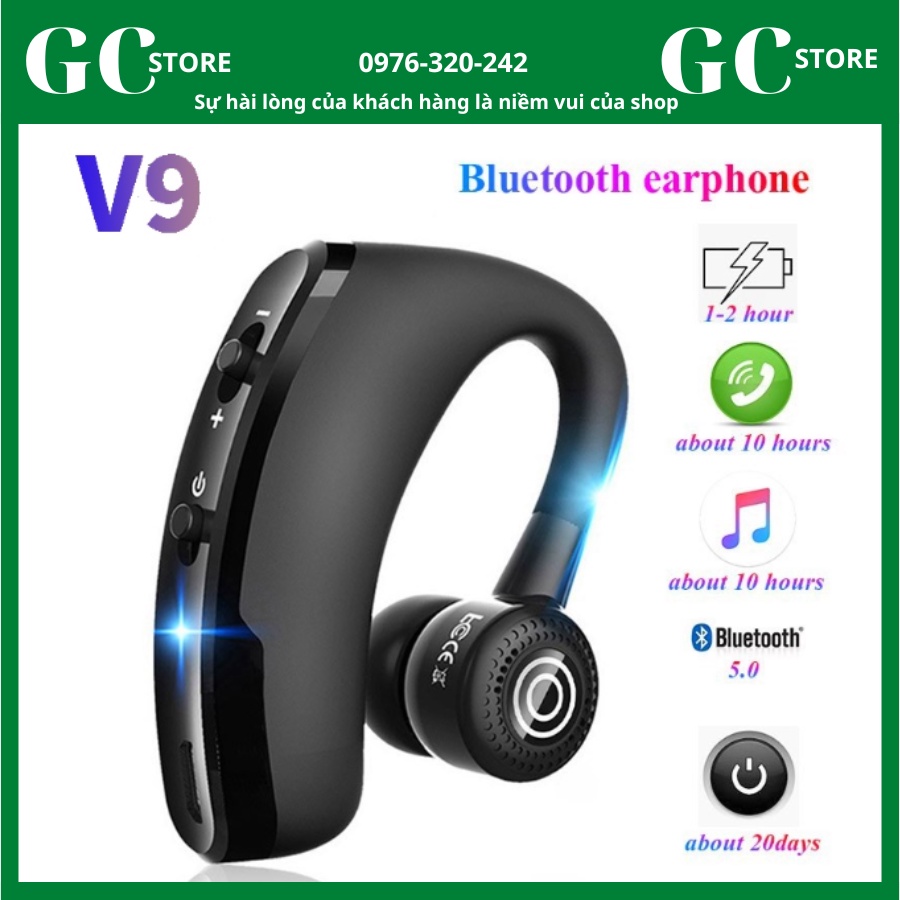 Tai nghe Bluetooth V9 cao cấp màu đen sang trọng, pin trâu, chống nước, chống ồn, phong cách thể thao
