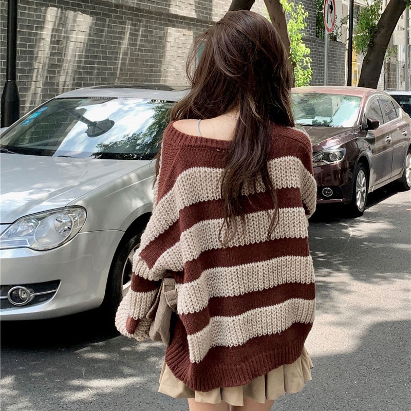 IELGY Áo Len Cổ Chữ V Dáng Rộng Họa Tiết Kẻ Sọc Phong Cách Hàn Quốc Thời Trang Cho Nữ