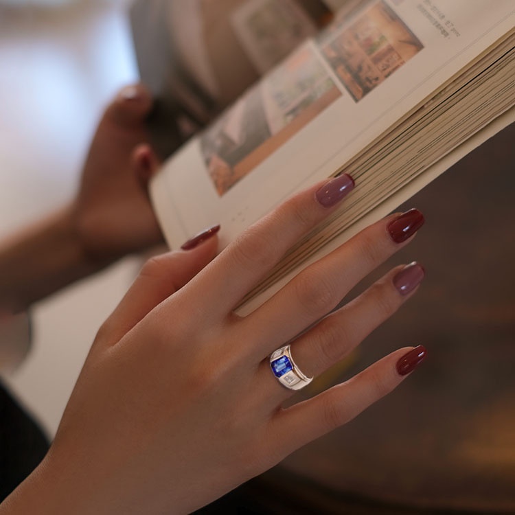 Nhẫn Cưới Thép Titan Mạ Vàng Hồng Đính Đá Zircon Xanh Lam Thời Trang Cho Nam Nữ