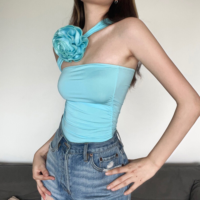 Áo kiểu ống KLIOU không tay trang trí bông hoa thời trang mùa hè 2022 mới dành cho nữ