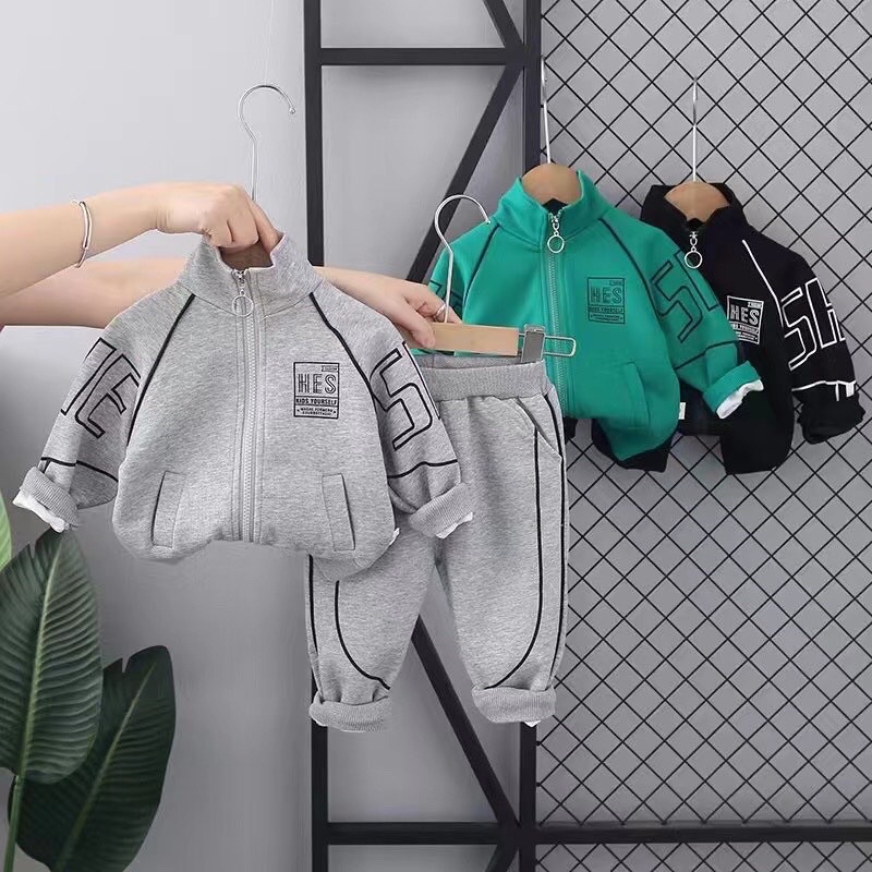 Bộ thu đông bé trai khoá kéo chất nỉ da cá loại 1