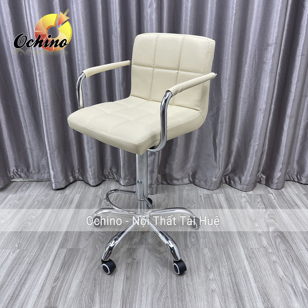 Ghế Chụp Hình, Ghế Quầy Lễ Tân Có Bánh Xe Điều Chỉnh Độ Cao 65/ 85Cm Và Xoay 360 Độ Mẫu Vịn Tay Inox ( Ảnh Thật Shop Chụ