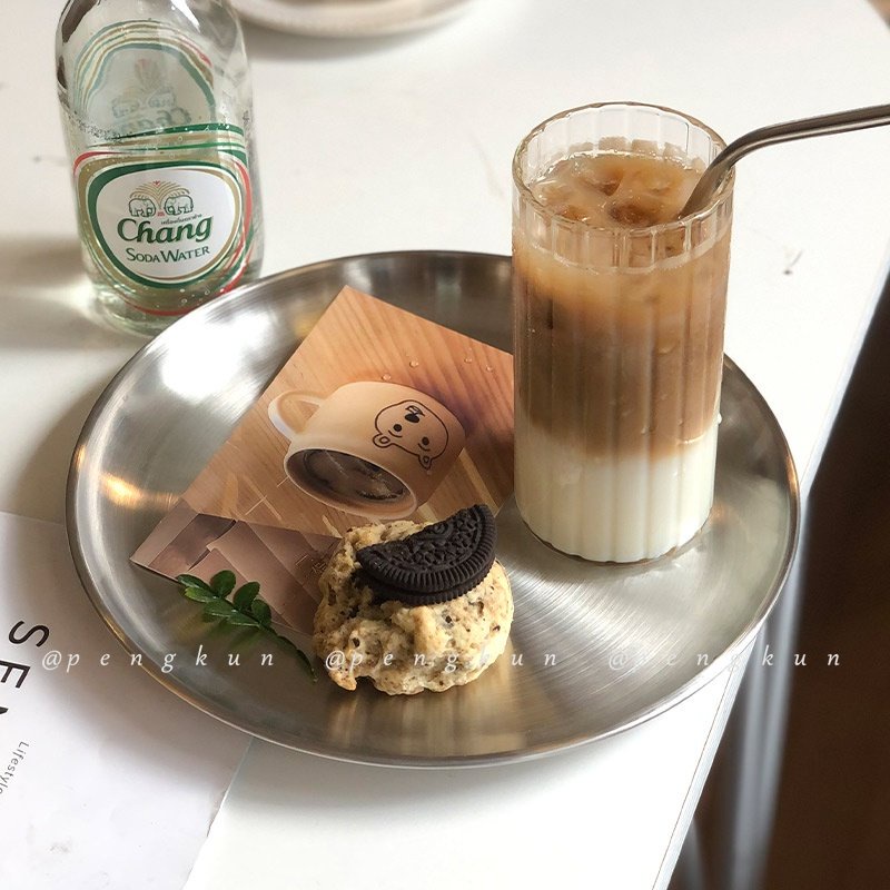 Khay Tròn Bằng Thép Không Gỉ Bề Mặt Nhám Đựng Bánh Cà Phê Phong Cách Hàn Quốc