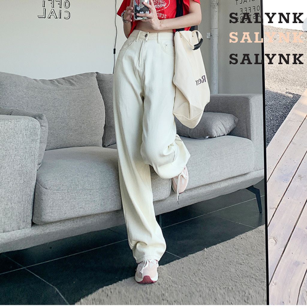 Quần Bò Ống Suông SALYNK Quần Bò Ống Rộng Nữ Màu Trắng Phong Cách Hàn Quốc