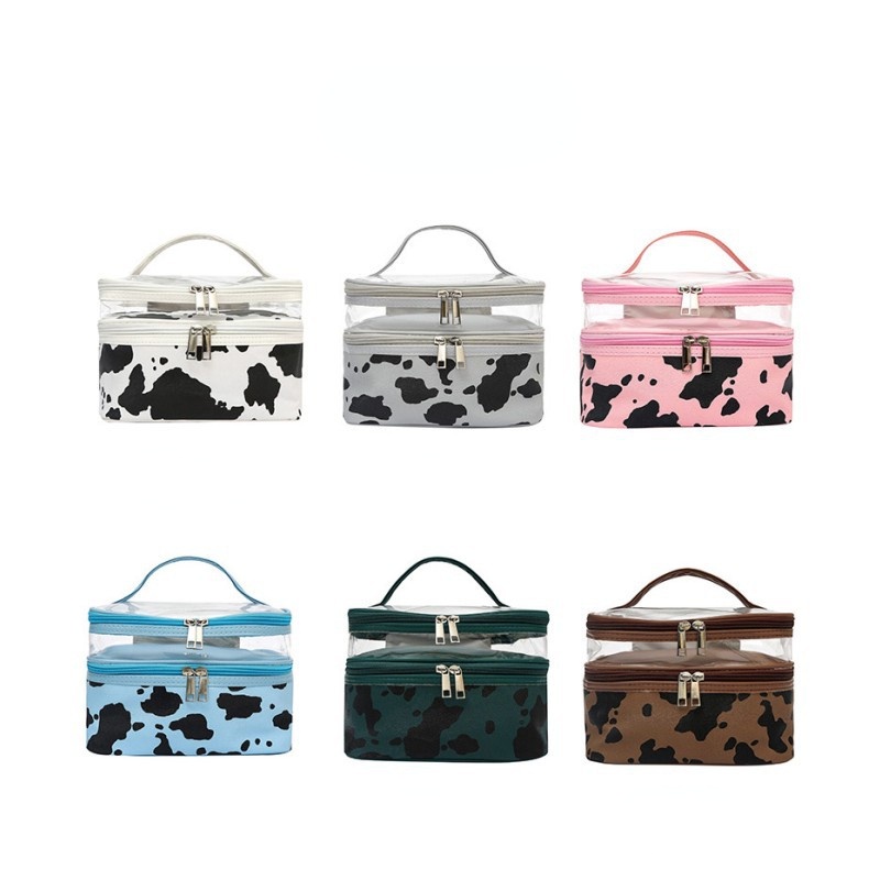 Túi Đựng Mỹ Phẩm Da PU Hai Lớp Chống Thấm Nước In Họa Tiết Bò Sữa