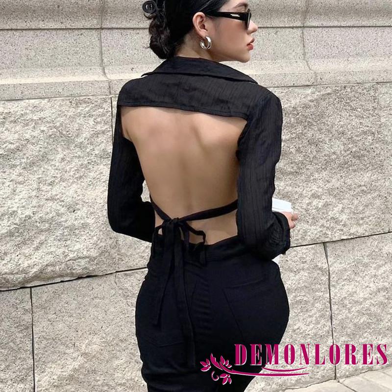 Áo Sơ Mi Crop Top Tay Dài Dáng Ôm Hở Lưng Cài Nút Màu Trơn Thời Trang Cho Bạn Gái