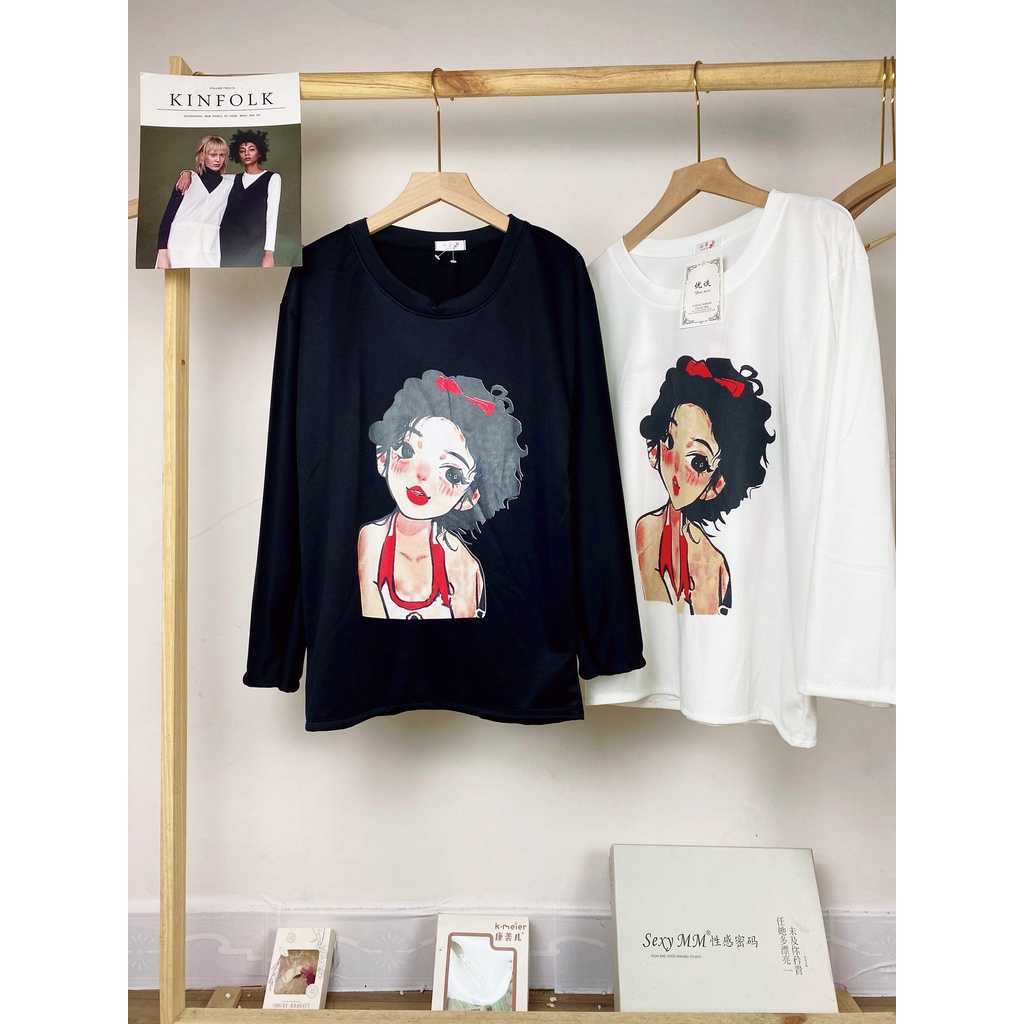 Áo thun dài tay in hình cô gái hot tread bắt mắt 2 màu đen trắng