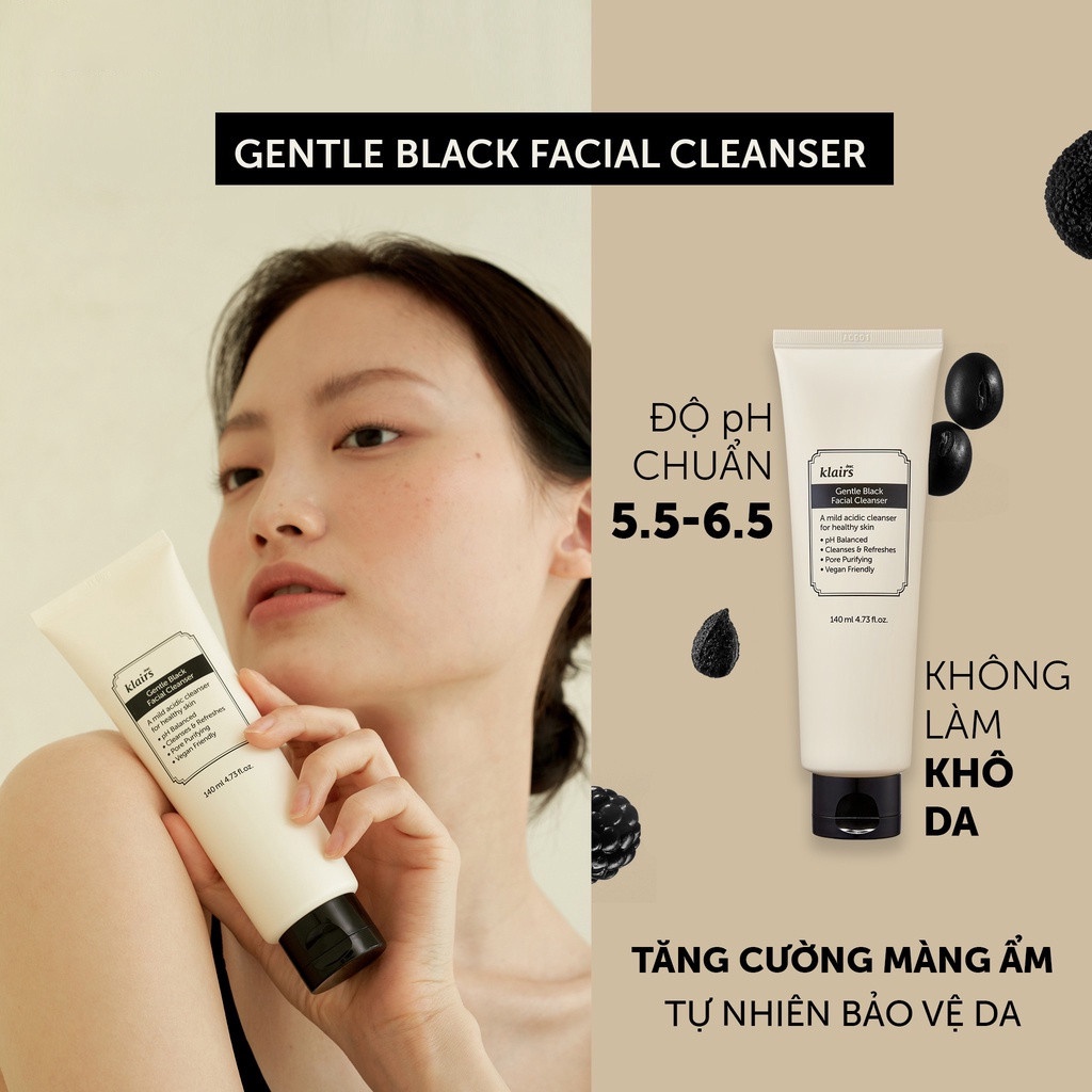 Sữa Rửa Mặt Klairs Dưỡng Ẩm, Dịu Nhẹ, Sạch Sâu Gentle Black Facial Cleanser 20ml/140ml