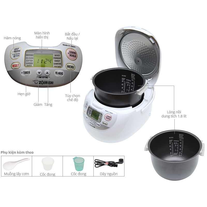 Nồi cơm điện tử Nhật Bản Zojirushi NS-ZAQ18-WZ dung tích 1.8 lít