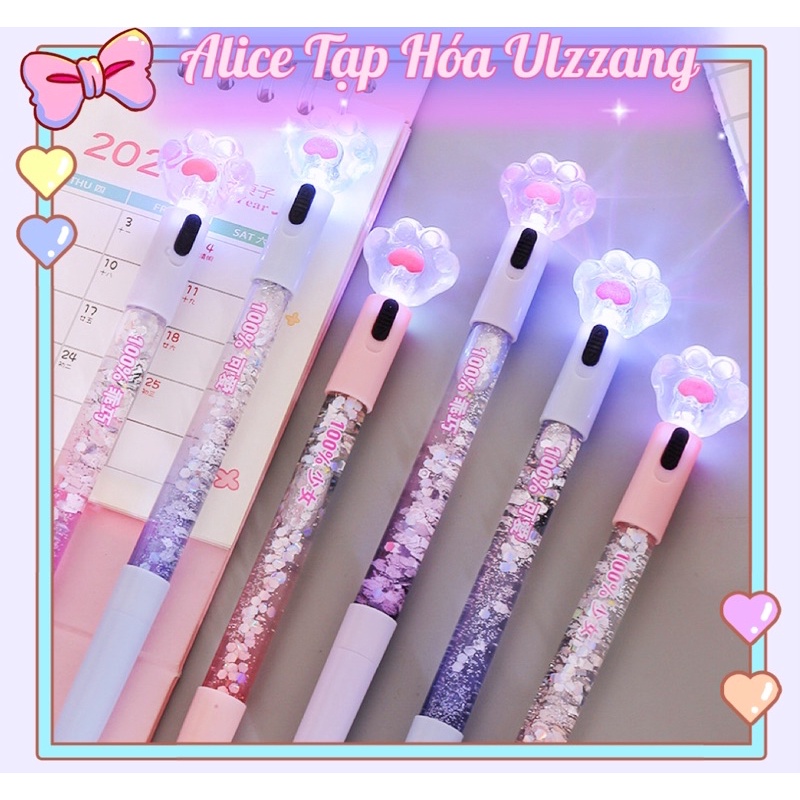 Bút nước Bút gel phát sáng thân nhũ chân mèo dễ thương có đèn phát sáng mực đen ALICE093