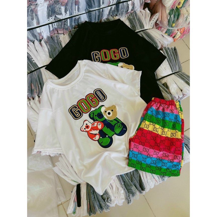 [11.11 Sale Freeship] Set bộ đùi thời trang nữ,set bộ áo thun in chữ hình gấu tay ngắn kèm quần đùi nhiều màu in họatiết