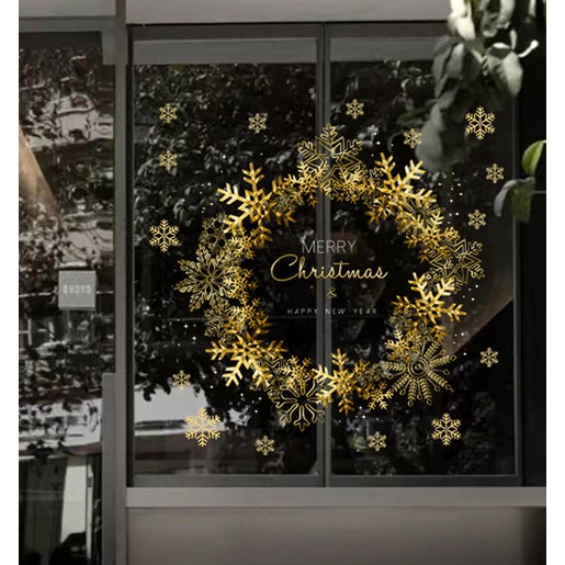 Decal trang trí Noel - Vòng nguyệt quế vàng lấp lánh