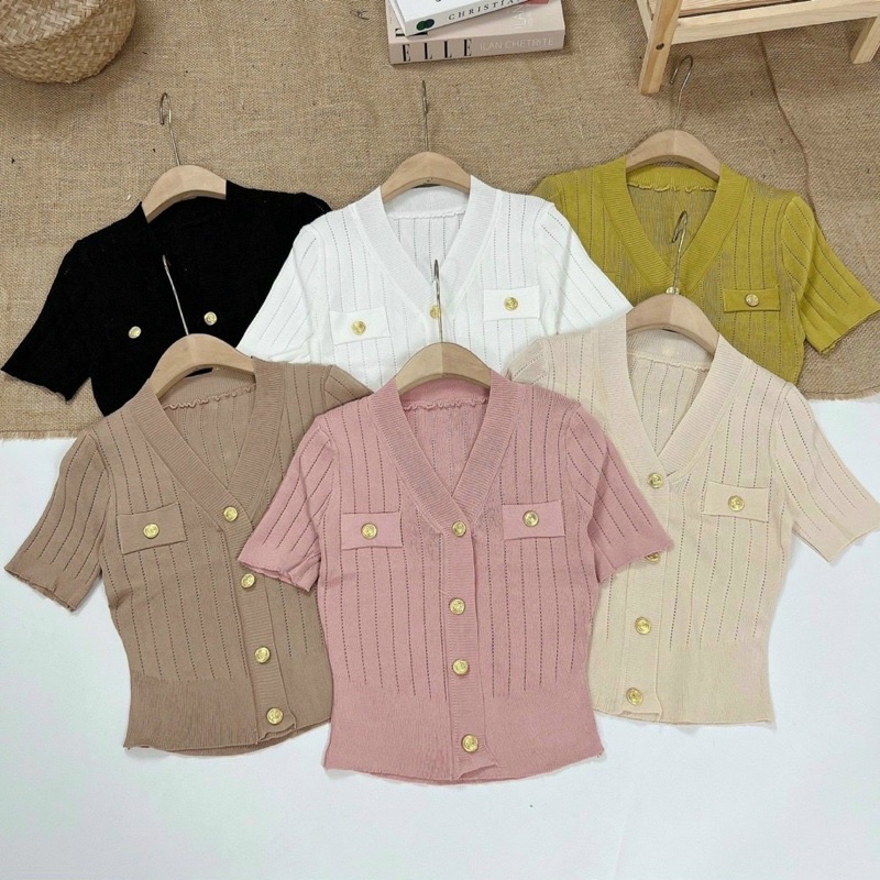 Áo len cổ tim cộc tay khuy mở 2 túi ngực siêu sịn