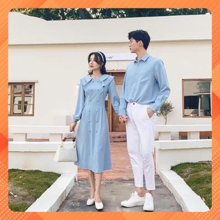 🔥 set đồ đôi couple, Áo váy đôi xanh tay dài , đồ đôi du lịch, đi chơi...💋
