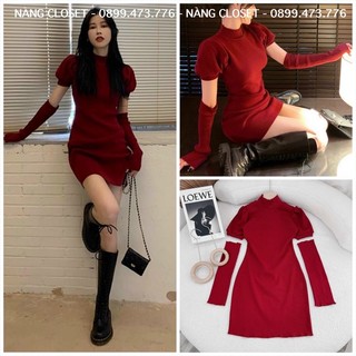 [FREESHIP] Đầm body thun đỏ cổ lọ kèm ống tay rời diện giáng sinh/tết NÀNG CLOSET