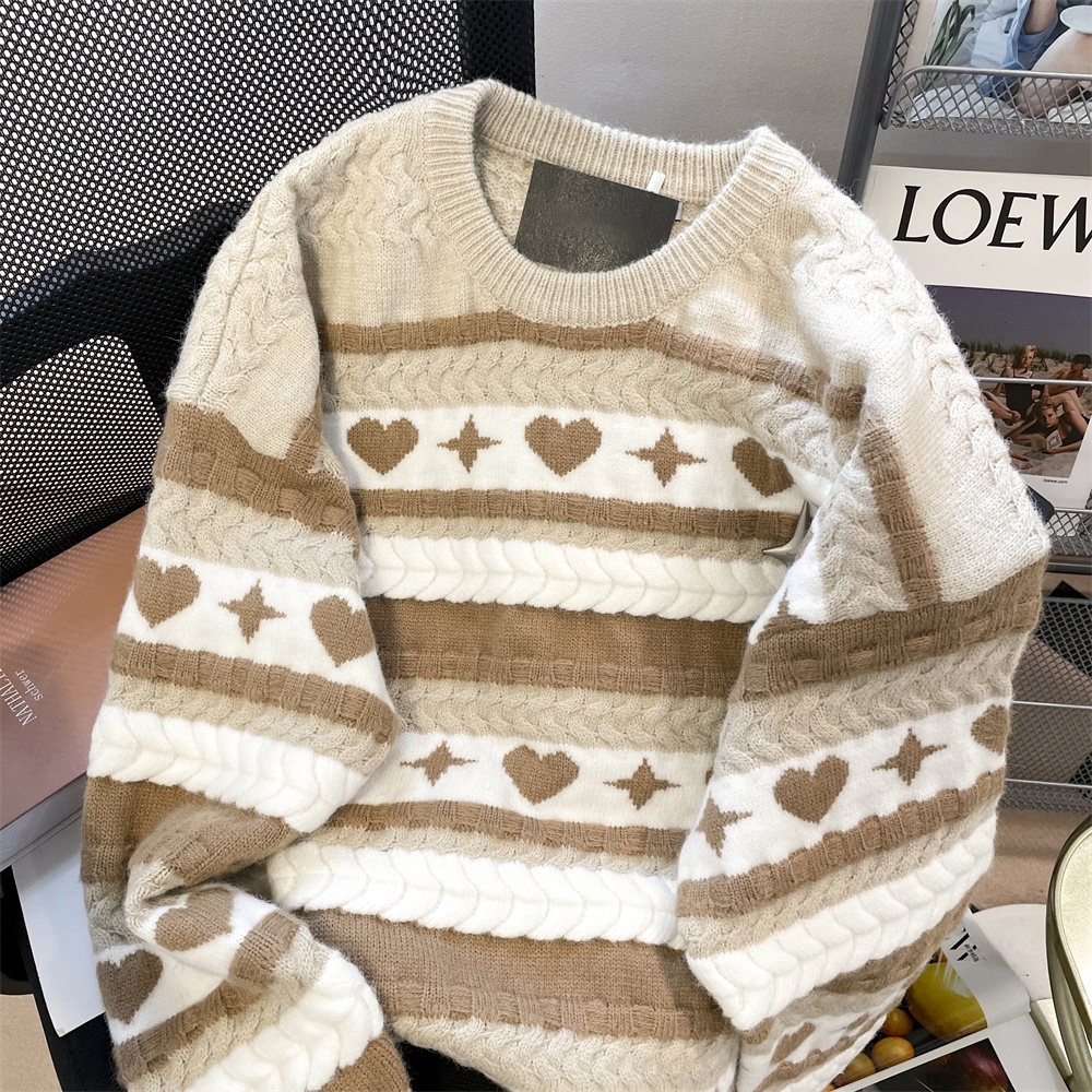 Áo Khoác Len Sáp Mềm Mại Họa Tiết Sọc Màu Hình Trái Tim Budp mahua Phiên Bản Hàn Quốc Cổ Điển Cho Nữ