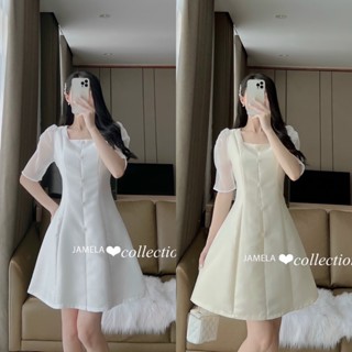 Đầm dự tiệc cổ vuông tay lỡ phối cúc