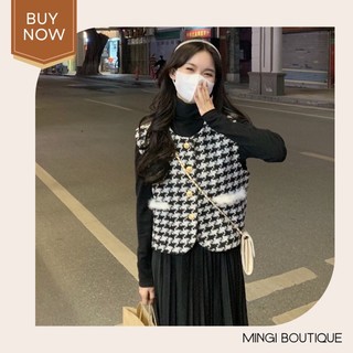 Dạ tweed | áo vest gile nữ dạ tweed không tay túi phối lông độc đáo, áo gile phong cách hàn quốc mới 2023