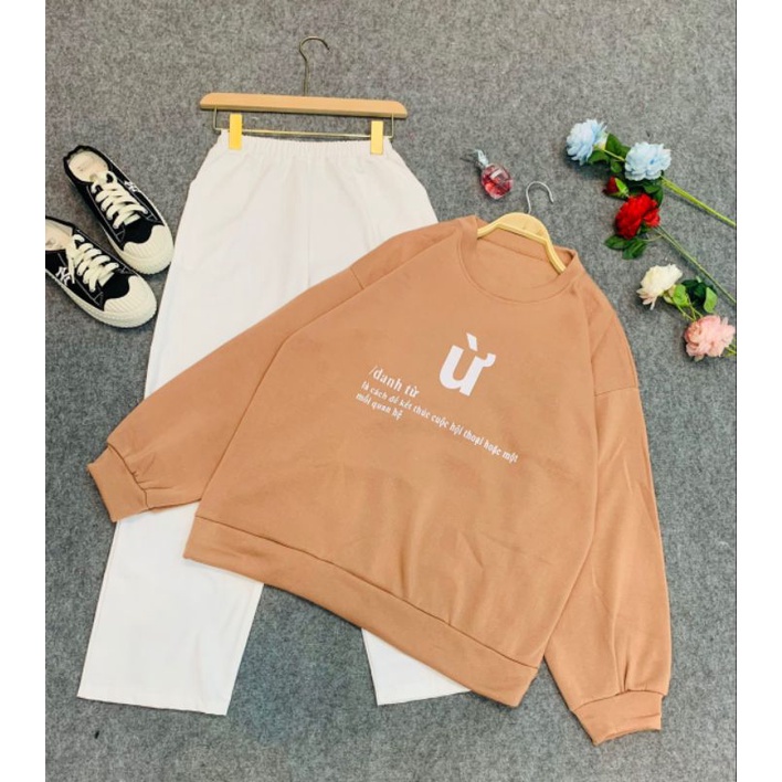 Set đồ nữ xinh, đồ bộ nữ quần kaki trắng mix áo sweater chữ ừ form tay bồng style thu đông phong cách hàn quốc