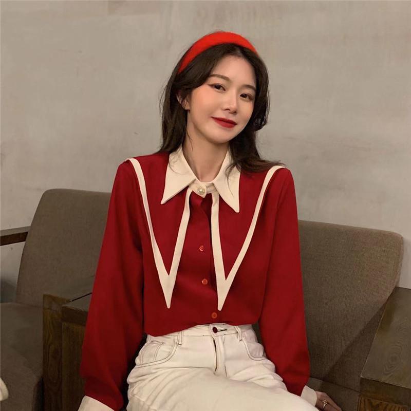 IELGY Áo Sơ Mi Tay Dài Cổ Chữ v Lớn Phong Cách preppy Cho Nữ