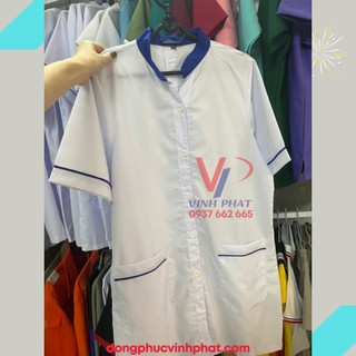 Áo Blouse Trắng Dược Sĩ, Y Tá, Nhà Thuốc Phối Viền Xanh Ngắn Tay  Nữ Cao Cấp - VĨNH PHÁT