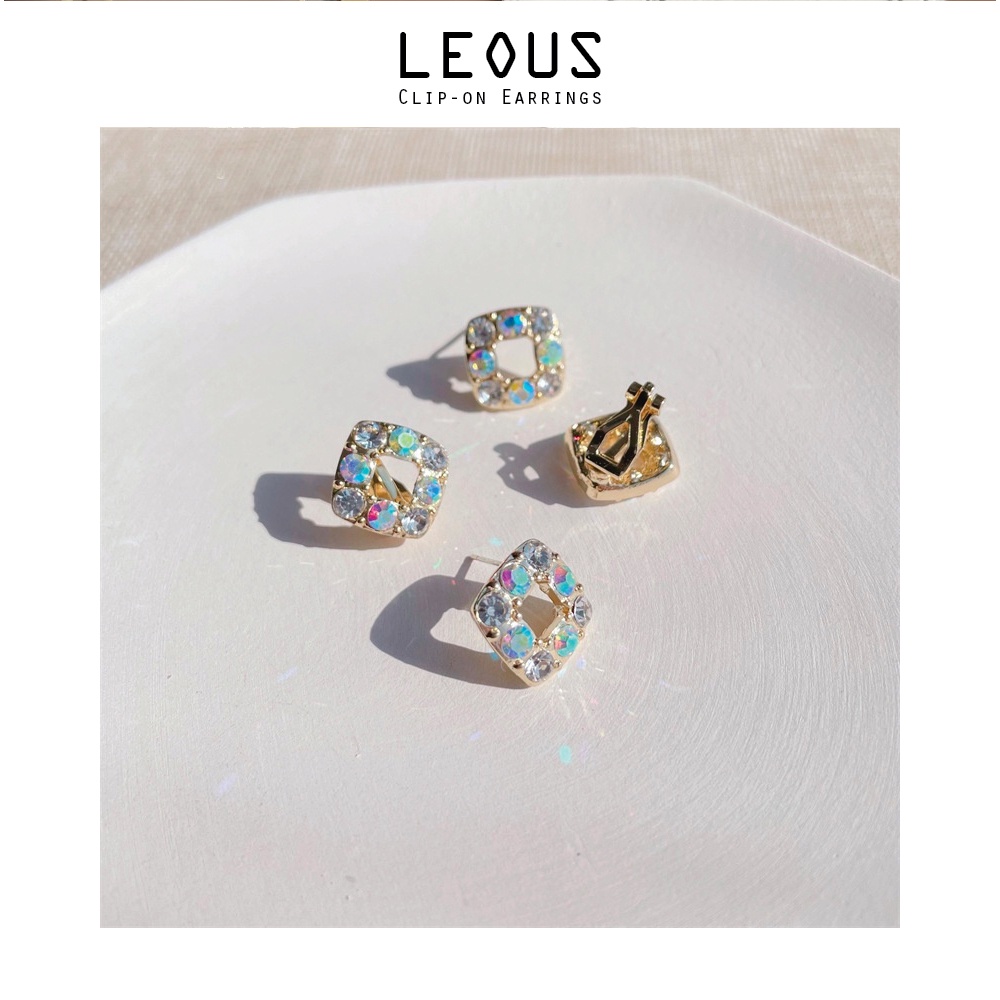 Khuyên tai kẹp không bấm lỗ chốt cố định K192 bằng hợp kim mạ vàng hình vuông đính hạt đá dáng ngắn Leous Accessories