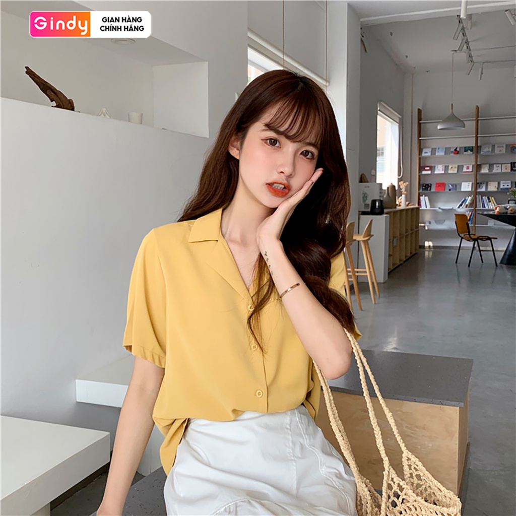 Áo sơ mi công sở nữ đẹp kiểu Hàn Quốc form rộng tay ngắn chất lụa cao cấp màu Trắng Vàng Xanh GINDY A5145