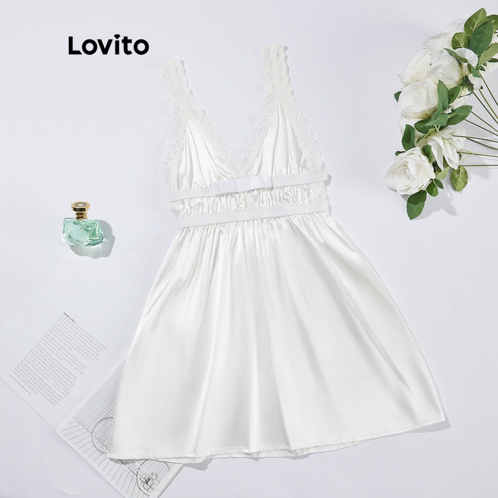 Đầm ngủ Lovito sexy màu trơn phối nơ ren tương phản L23AD125 (màu trắng)