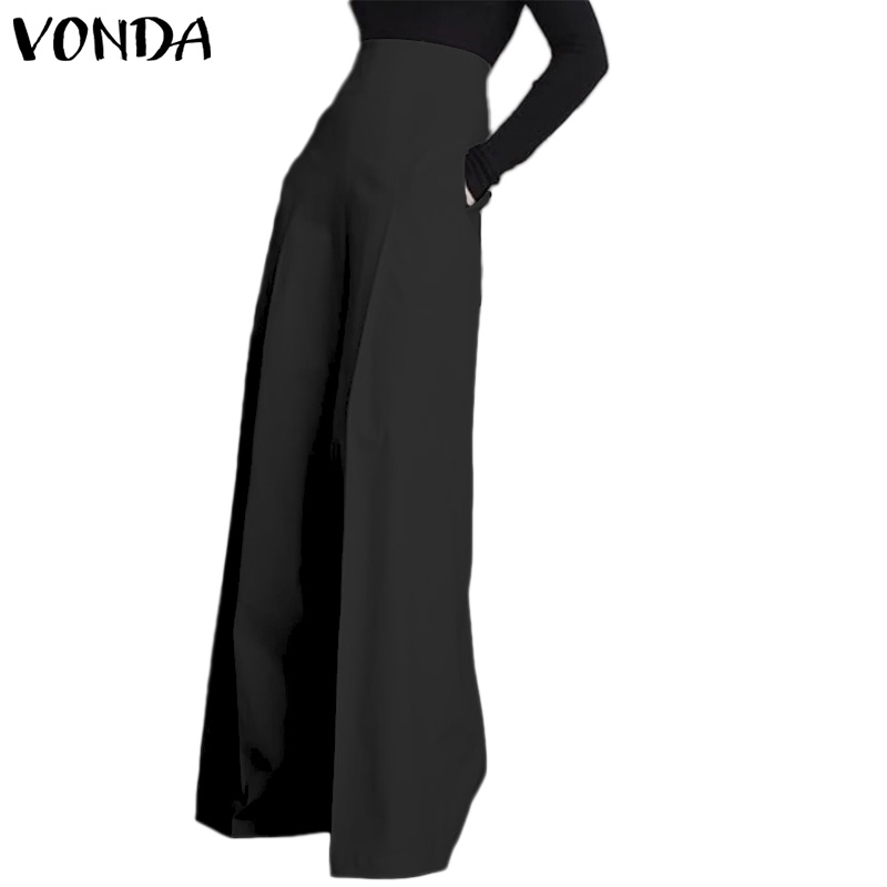 Quần dài VONDA ống rộng lưng cao màu trơn có túi bên hông khóa kéo màu sắc cổ điển thời trang cho nữ
