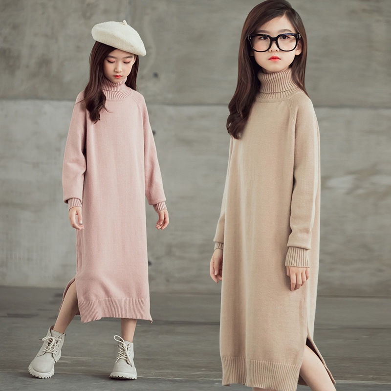 Hàng Có Sẵn Đầm Sweater Dài Qua Gối Cổ Cao Tay Dài Thu Đông Phong Cách Mới Cho Bé Gái autumn and winter shirt áo