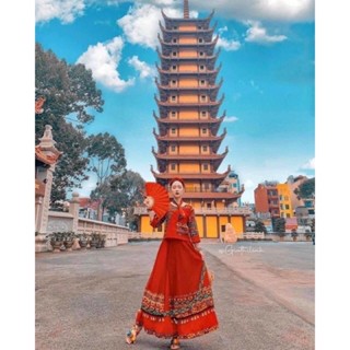 Set maxi đỏ thổ cẩm chân váy dài