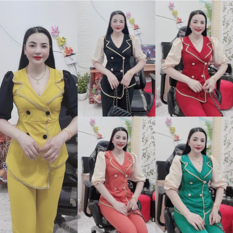 Sét bộ cổ vest tay lỡ voan phối dây kim tuyến 2 size đến 60kg