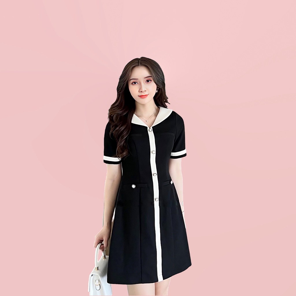 Đầm Công Sở Dáng Suông HH.Bigsize Phối Trắng Đen Đính Cúc Ngọc Sang Chảnh
