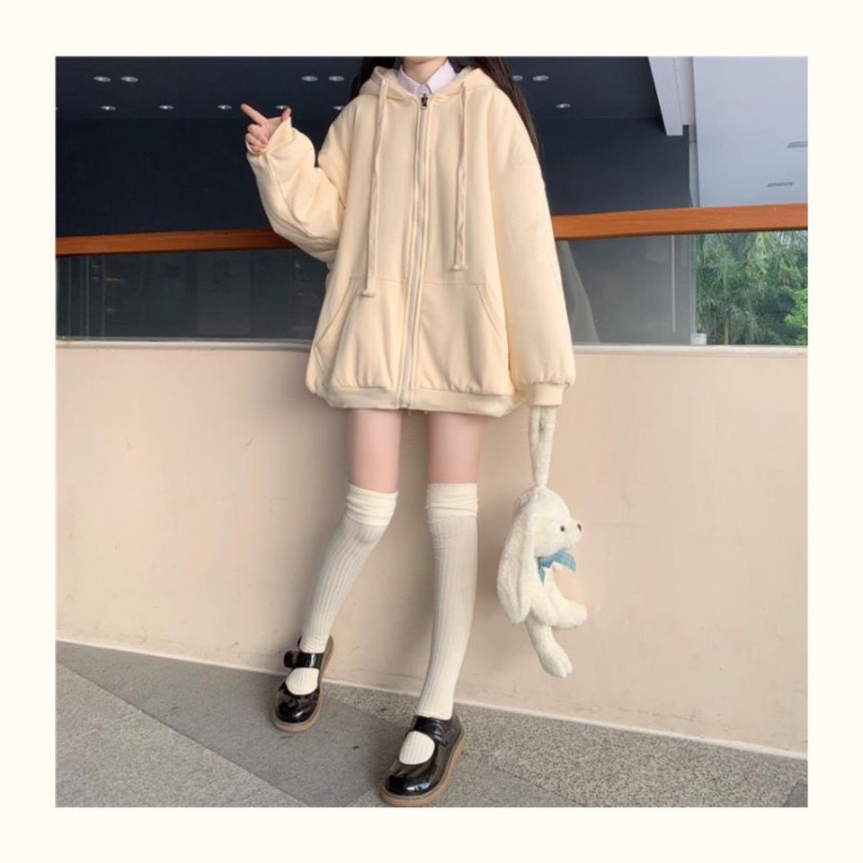 Áo Hoodie Màu Trơn Có Khóa Kéo Dễ Thương Size S-2Xl Thời Trang Thu Đông Cho Nữ