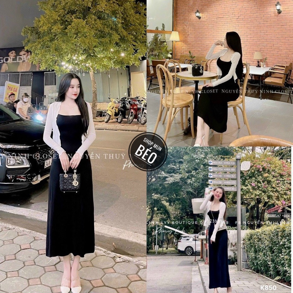 Set đầm đen phom dài kèm áo khoác trắng chất thun gân co giãn chính phẩm thích hợp mặc đi tiệc đi làm đi chơi