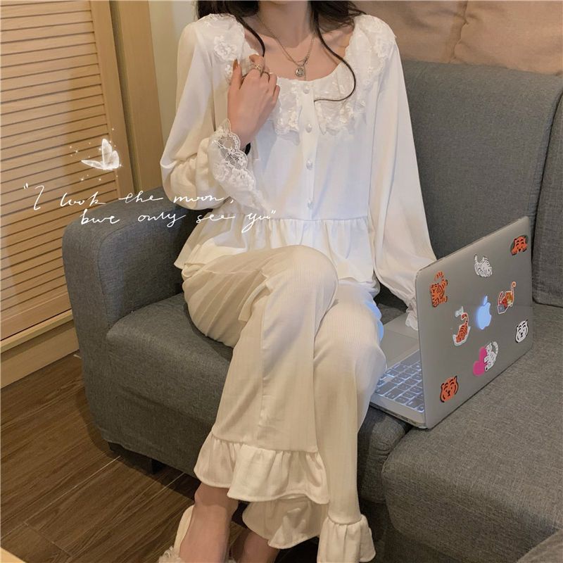 Bộ Đồ Ngủ Tay Dài In Họa Tiết Dễ Thương Phong Cách Hàn Quốc Thời Trang Thu Đông Cho Nữ