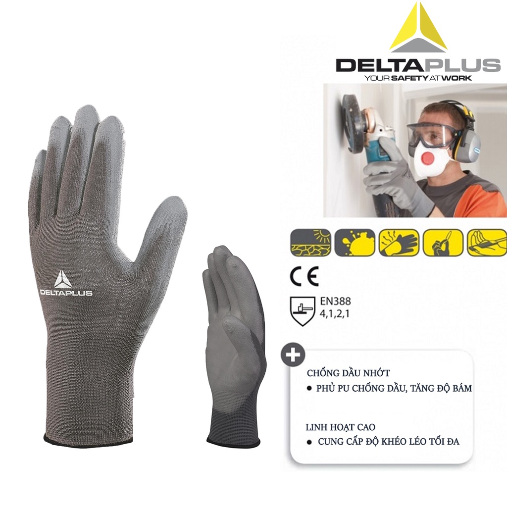 Găng tay đa năng Deltaplus VE702PG phủ polyurethane tăng độ bám, linh hoạt cao, thác tác thoải mái, dễ dàng - chính hãng
