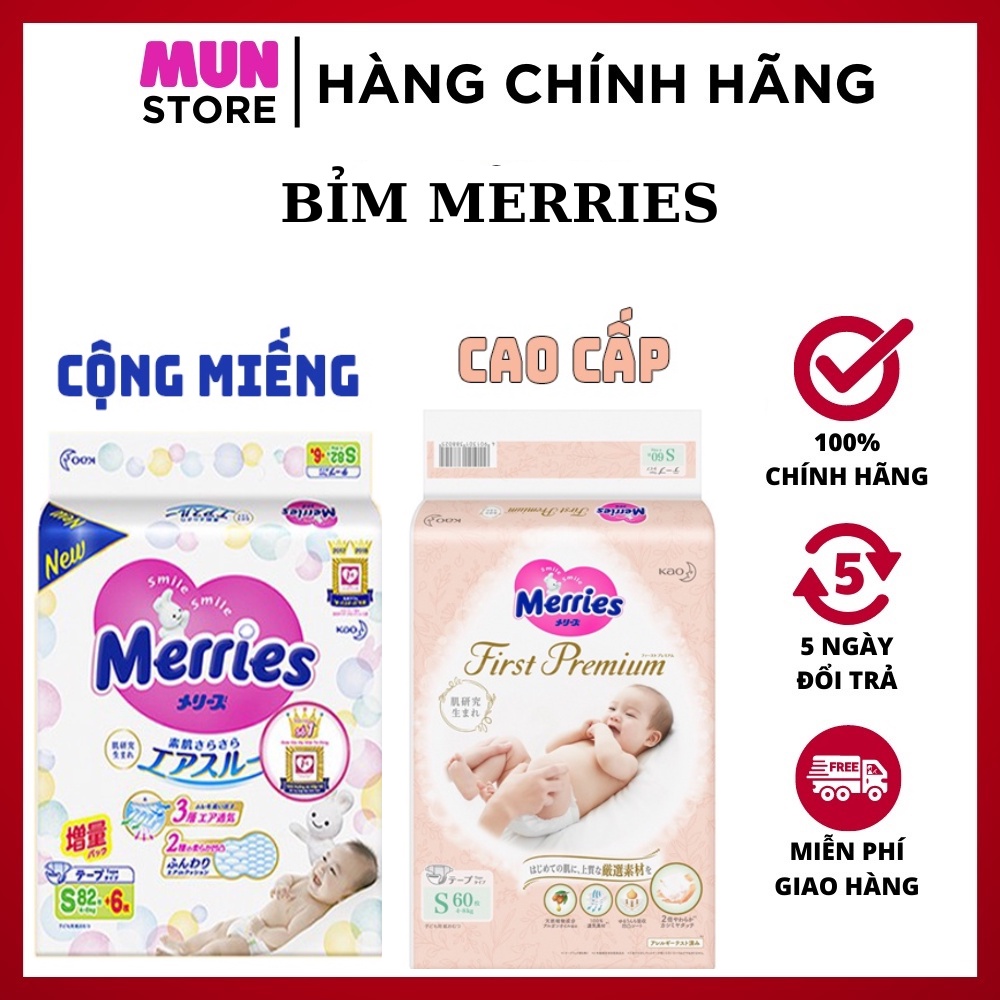 Bỉm/Tã Dán Quần Merries Cộng Miếng Nội Địa Nhật Chính hãng Meries First Premium đủ size NB:96/ s:88/M:68/L:58/xl:44