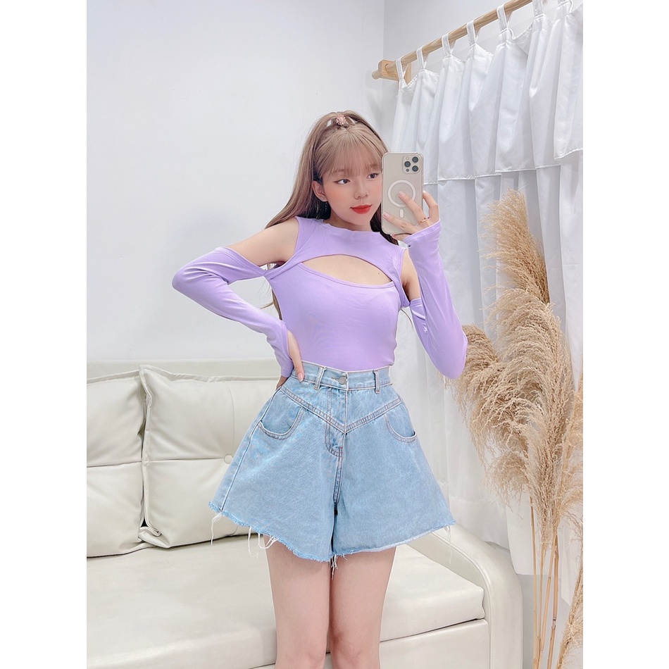 Áo thun kiểu nữ cổ lọ tay dài khoét ngực chất thun trơn bozip dáng ngắn