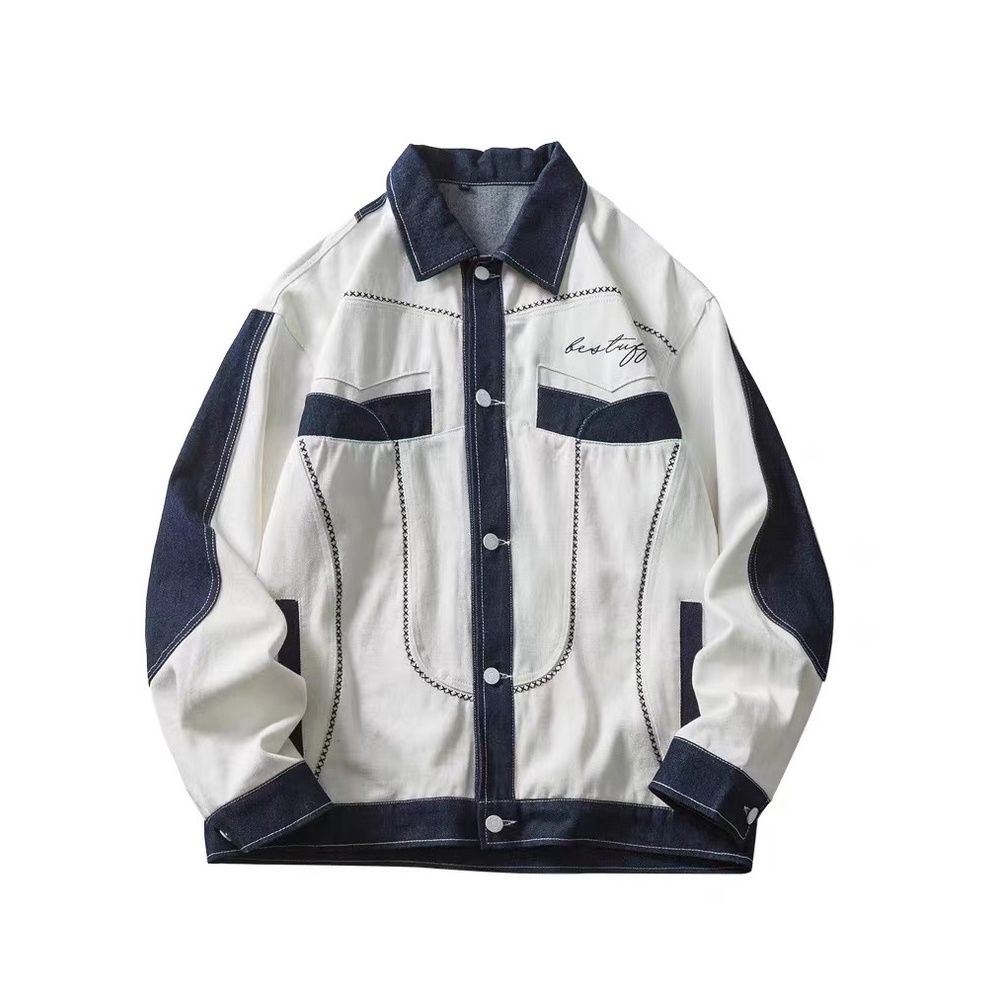 Phong cách Vintage đường phố xu hướng Hàn Quốc sinh viên màu xanh trắng denim bóng chày áo khoác mùa thu nam sinh nữ lỏng lẻo quần áo đẹp trai cặp vợ chồng áo khoác