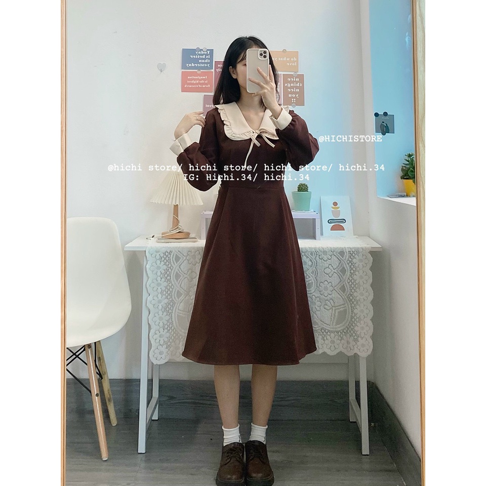 Đầm Tiểu Thư Tay Dài Phối 2 Màu Cổ Bèo Nơ Siêu Xinh Dành Cho Mọi Lứa Tuổi Đ19102