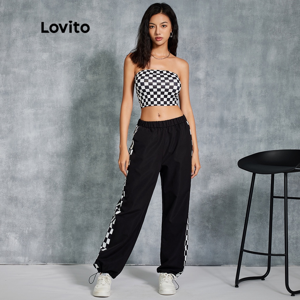 Lovito Áo Ống Không Tay Bandeau Họa Tiết Kẻ Ô Trắng Đen L20D1072
