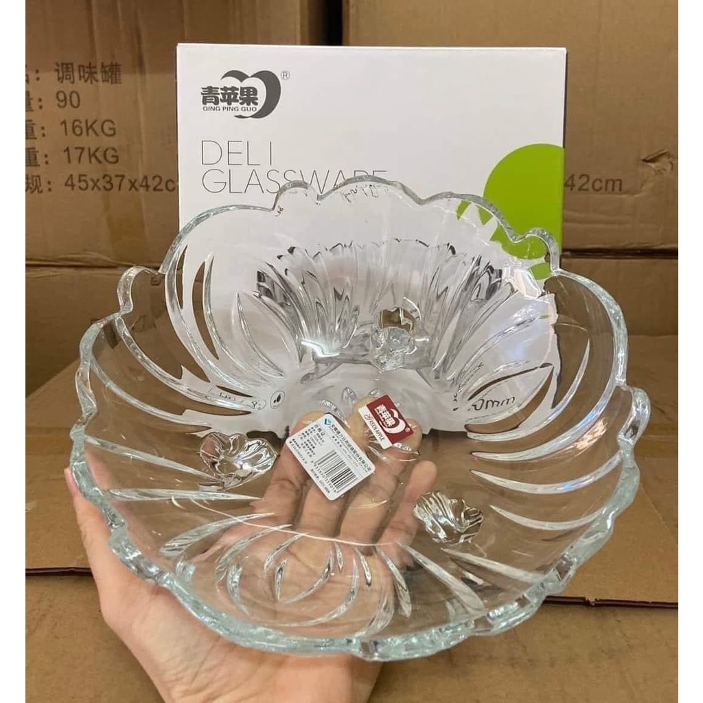 Tô thủy tinh pha lê trong suốt 3 chân đựng bánh kẹo, hoa quả trái cây, salad đa năng - Thố mứt tết siêu đẹp