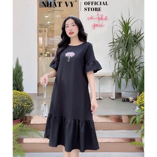 Đầm Nữ NHẬT VY Tùng Bèo, Ngực Phối Hoa Thêu Chất Cotton Mịn Công Sở Dáng Suông Đuôi Cá Màu Nude, Hồng, Đen - D2102